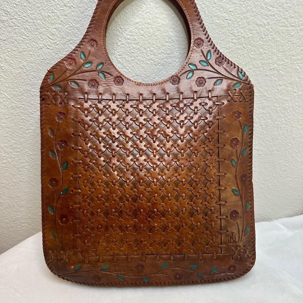 Handcrafted Brown Tooled Vintage Leather Tote Bag
